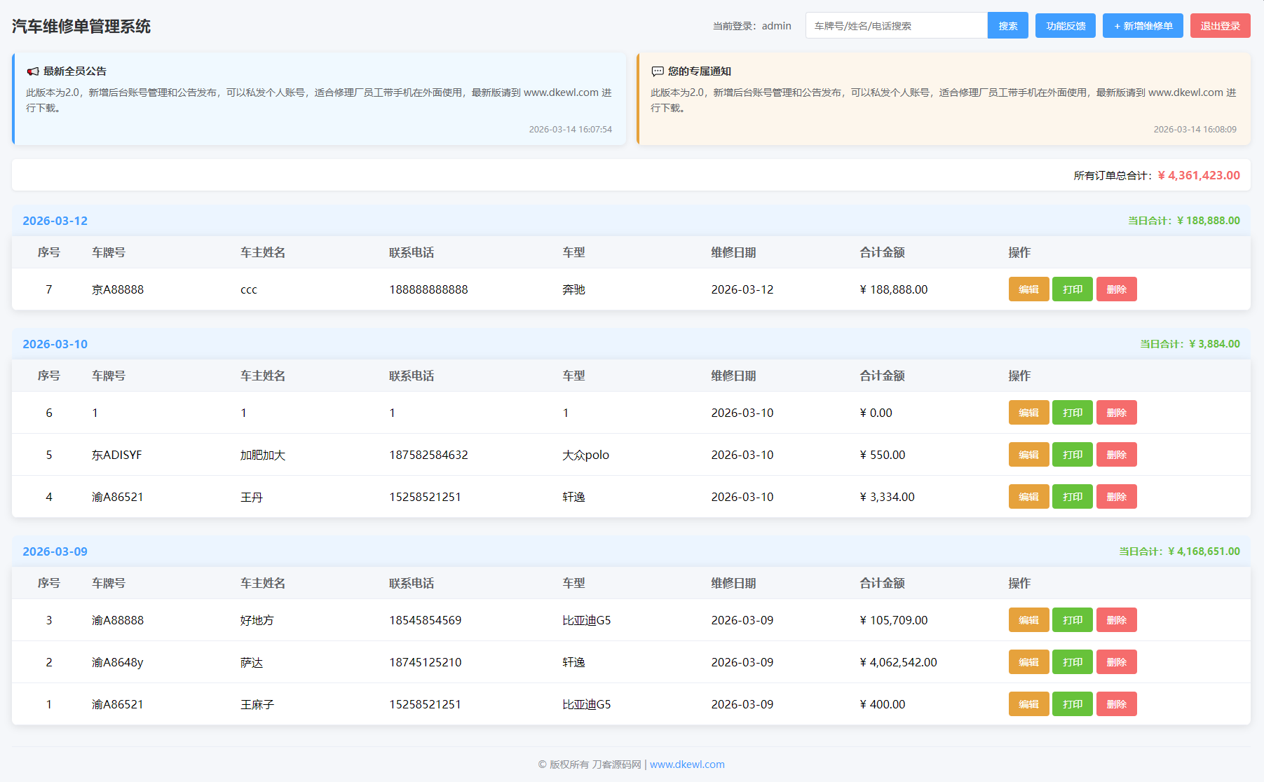 汽修单管理系统源码-LanTi云网创