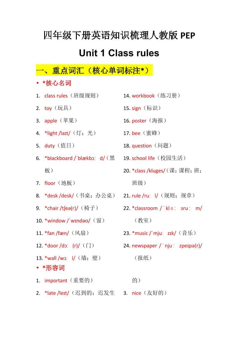 四年级下英语Unit1知识梳理+默写单《人教版PEP》-LanTi云网创