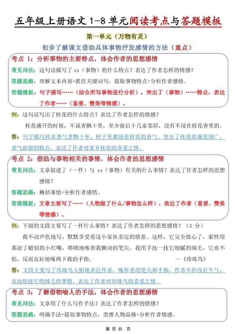 五年级上语文1-8单元阅读考点与答题模板-LanTi云网创