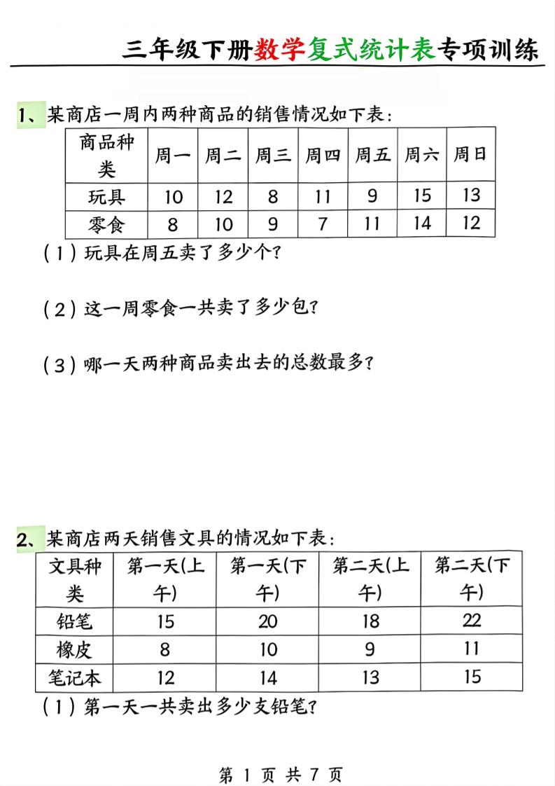 三年级下册数学复式统计表专项训练-LanTi云网创