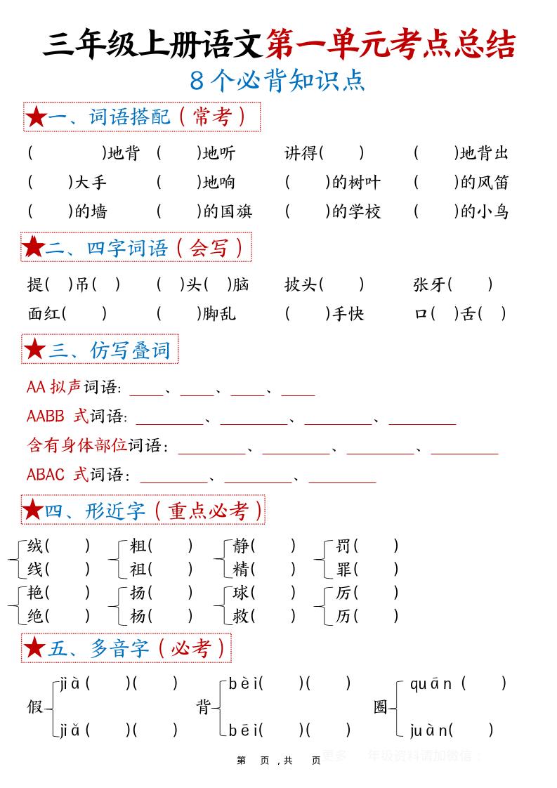 三年级上语文1-8单元考点总结（8个必背知识点）-LanTi云网创