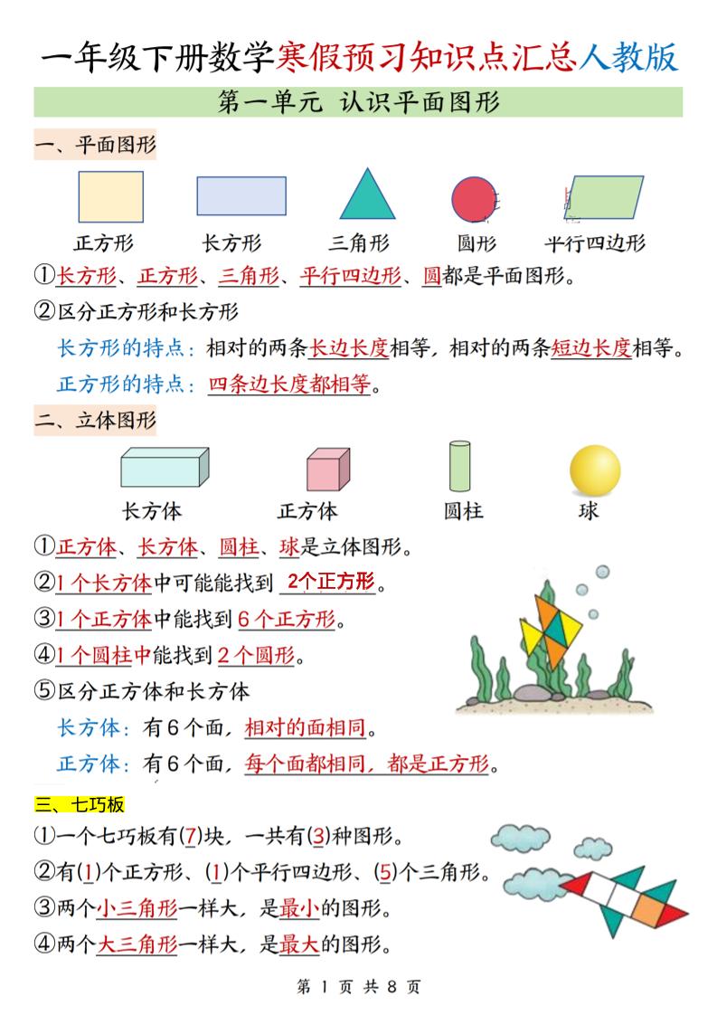 26春一下人教数学《寒假预习全册知识点汇总》-LanTi云网创