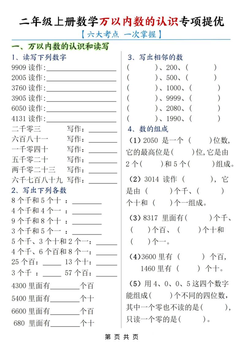 二年级上数学万以内数的认识专项提优-LanTi云网创