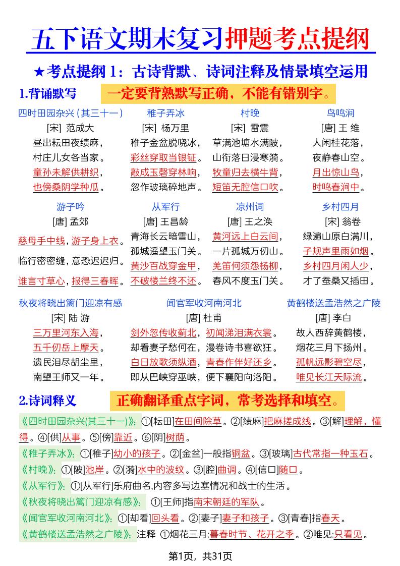 26春五年级下语文期末复习押题考点提纲-LanTi云网创
