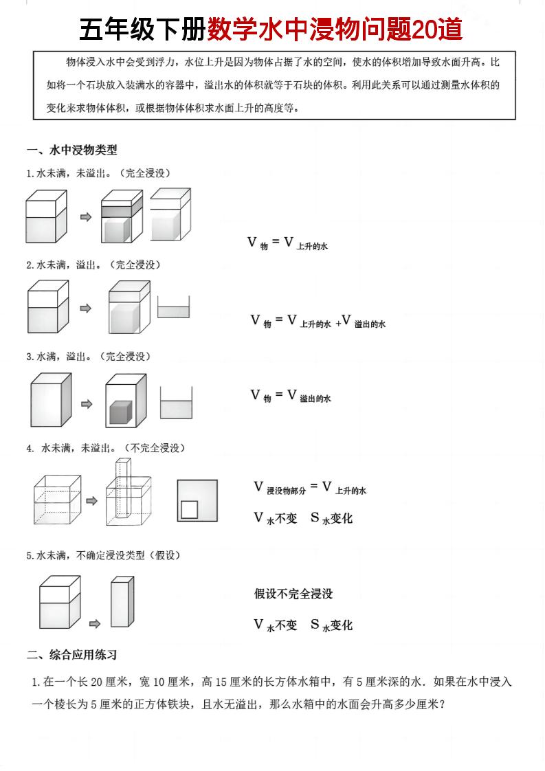 五年级下数学水中浸物问题20道pdf-LanTi云网创