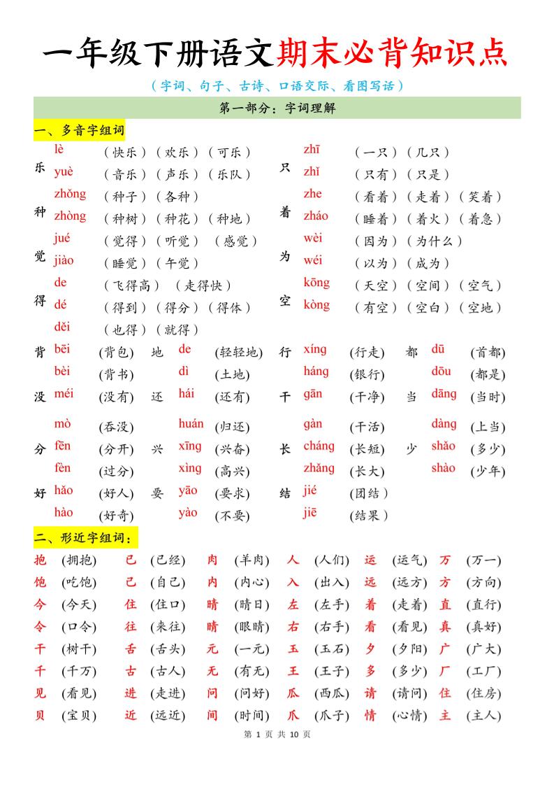 一年级下册语文期末必背知识点-LanTi云网创