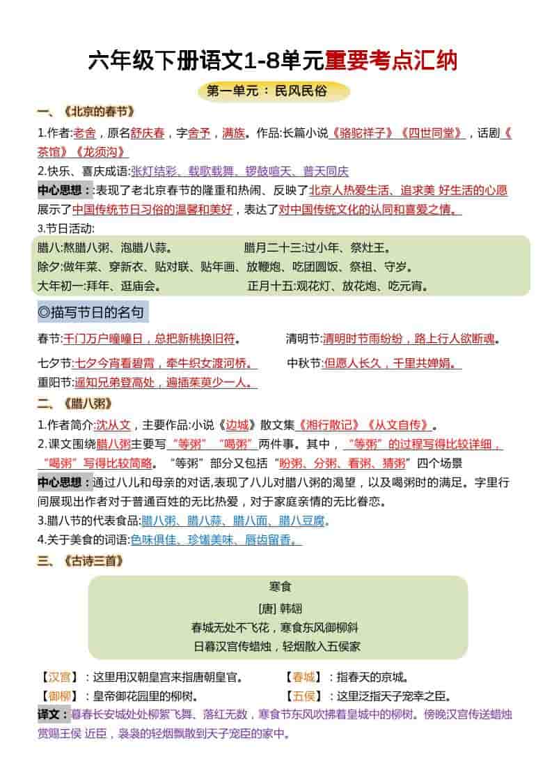 六年级下语文1-8单元重要考点汇总-LanTi云网创