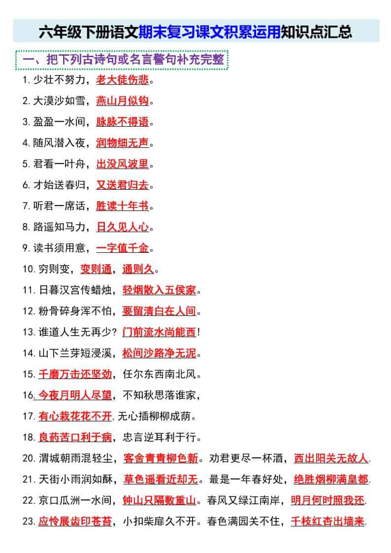 六年级下语文期末复习课文积累运用知识点汇总-LanTi云网创