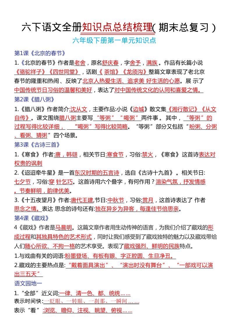 六年级下语文期末复习常考知识点总结-LanTi云网创
