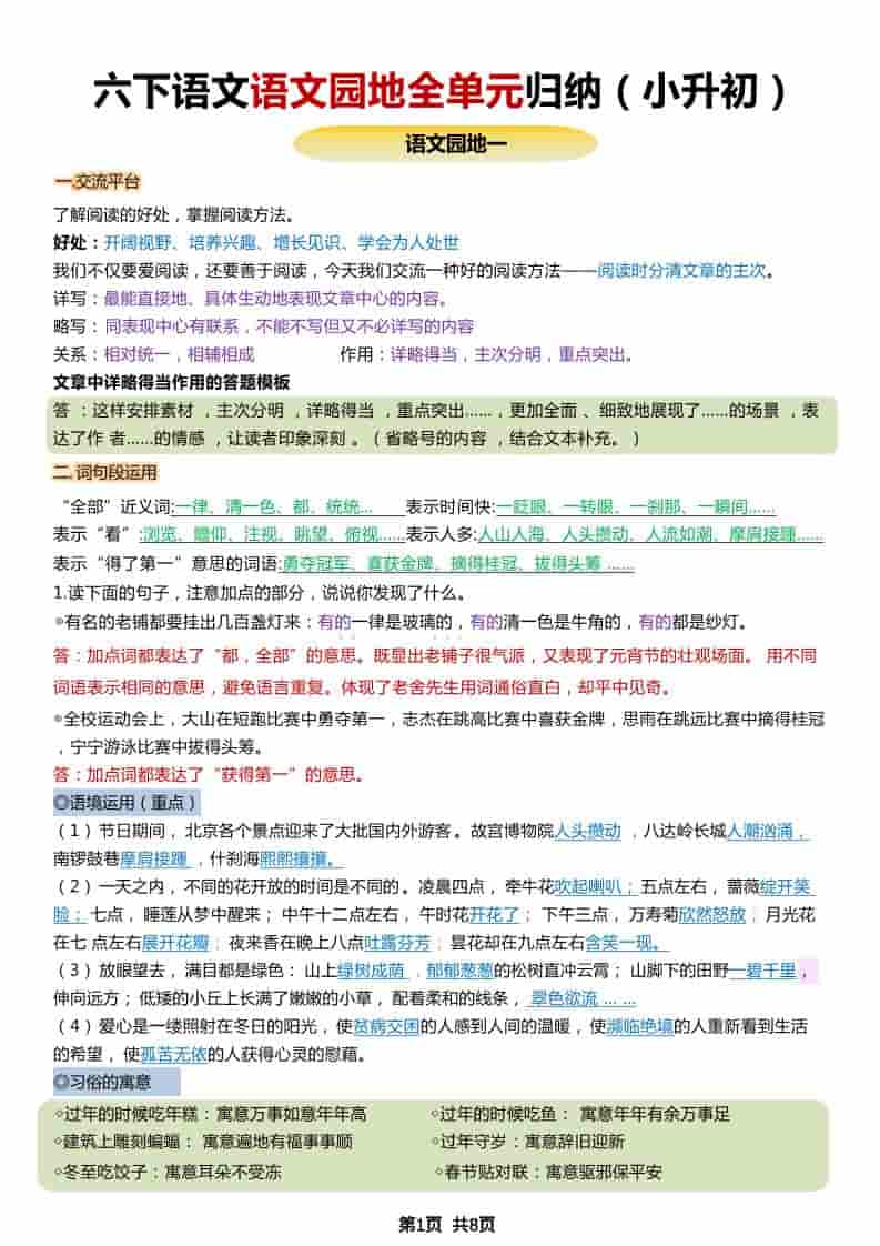 六年级下语文小升初园地全册重点归纳-LanTi云网创
