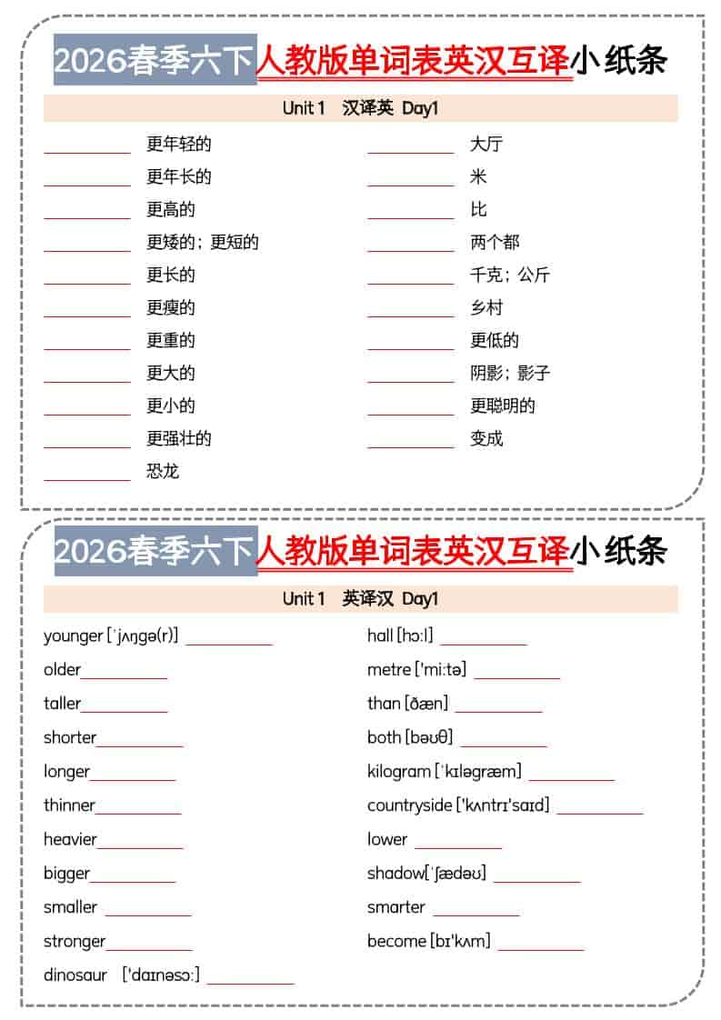六年级下英语单词英汉互译小纸条《人教版PEP》-LanTi云网创
