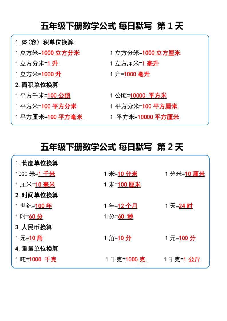 五年级下数学数学公式每日默写小纸条-LanTi云网创