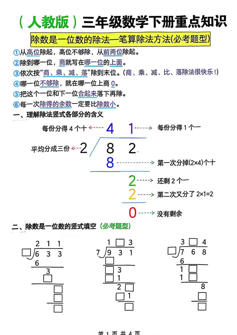 三年级下数学除数是一位数的除法—笔算除法方法(必考题型)《人教版》-LanTi云网创