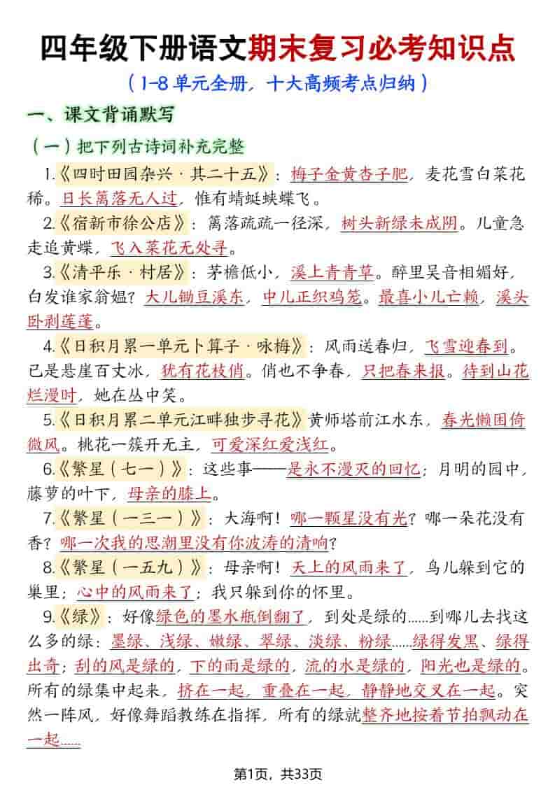 四年级下语文期末复习必考知识点（十大高频考点归纳）-LanTi云网创