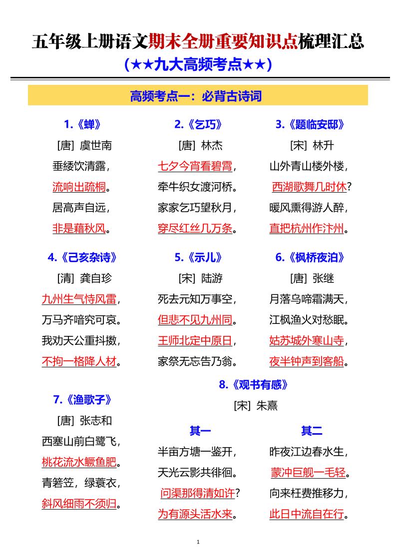 五年级上语文期末全册重要知识点梳理汇总-LanTi云网创