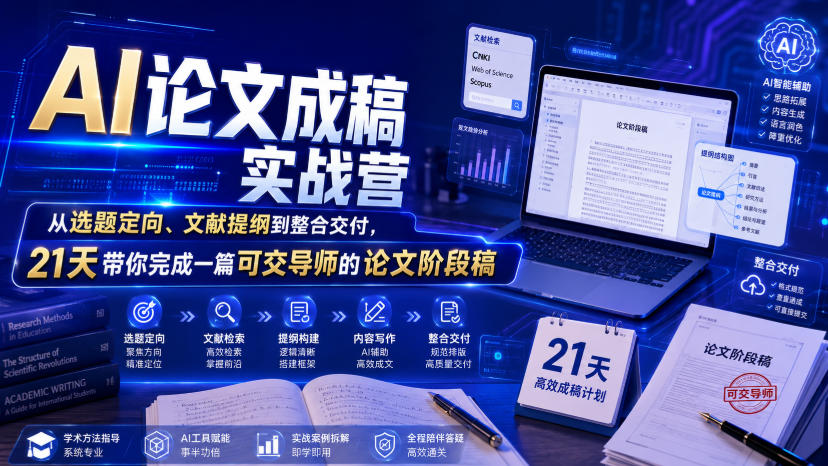 AI论文成稿实战营，从选题定向、文献提纲到整合交付，21天带你完成一篇可交导师的论文阶段稿-LanTi云网创