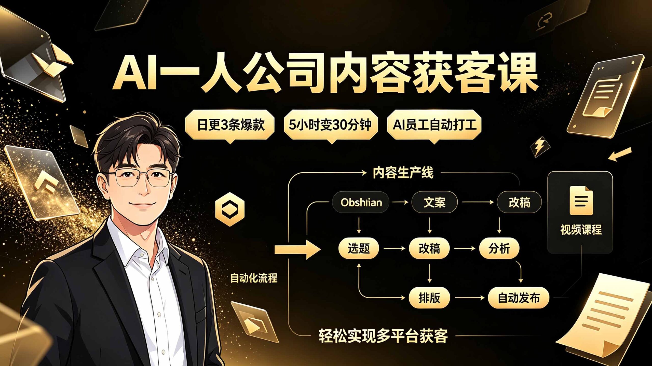 AI一人公司内容获客课:日更3条爆款×5小时变30分钟×AI员工自动打工,轻松实现多平台获客-LanTi云网创