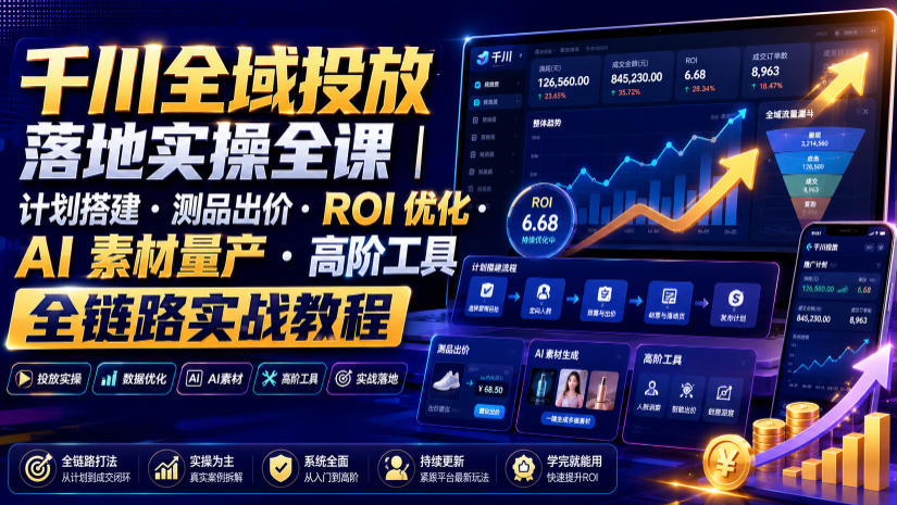 千川全域投放落地实操全课｜计划搭建・测品出价・ROI优化・AI素材量产・高阶工具全链路实战教程-LanTi云网创