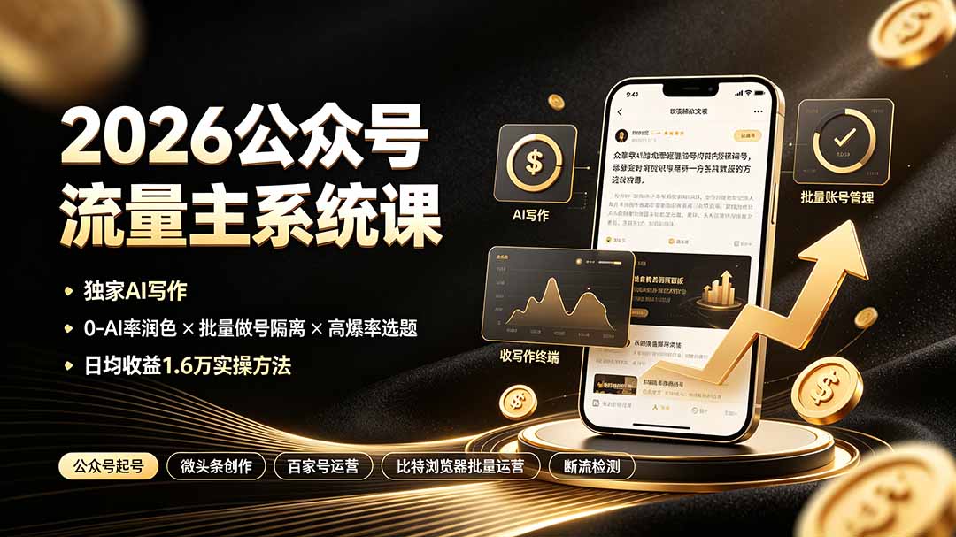 2026公众号流量主系统课:独家AI写作×0-AI率润色×批量做号隔离×高爆率选题,日均收益1.6万实操方法-LanTi云网创