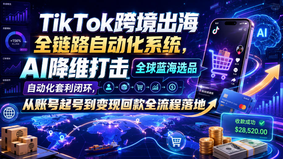 TikTok跨境出海全链路自动化系统，AI降维打击全球蓝海选品自动化套利闭环，从账号起号到变现回款全流程落地(2026年7月)-LanTi云网创