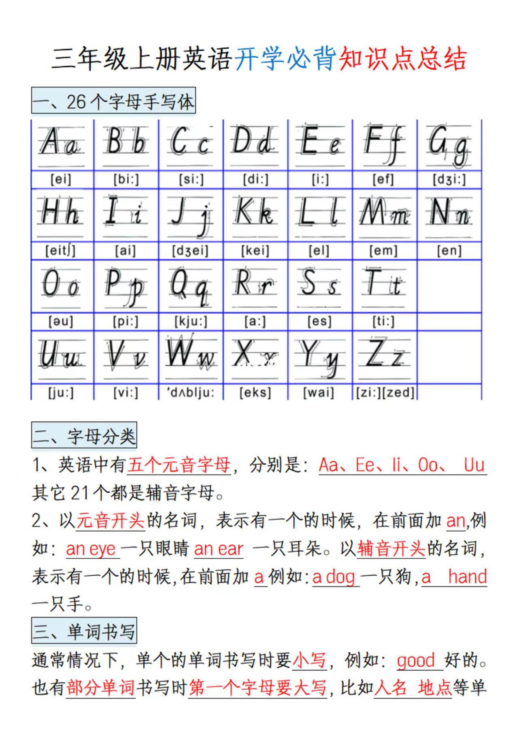 三年级上册英语开学必背知识点总结-LanTi云网创