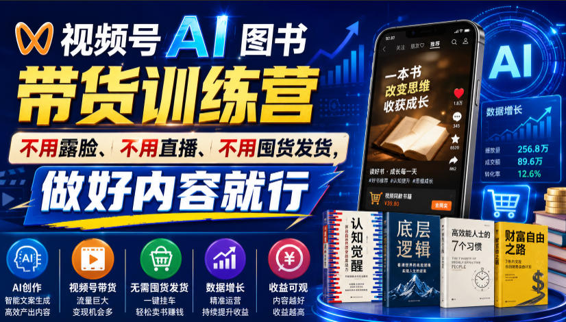 视频号AI图书带货训练营,不用露脸、不用直播、不用囤货发货,做好内容就行,一条爆款视频佣金8942-LanTi云网创