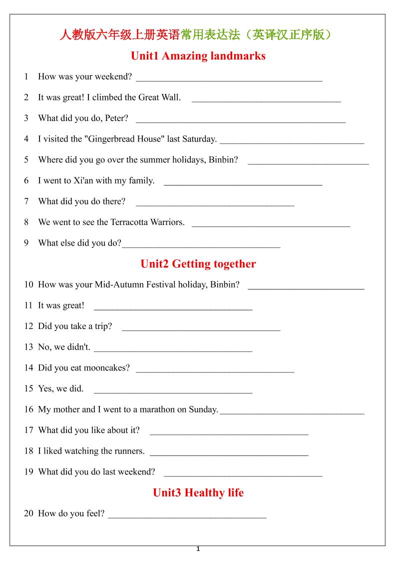 六年级上册英语常用表达法（英译汉）正序版＋乱序版-LanTi云网创