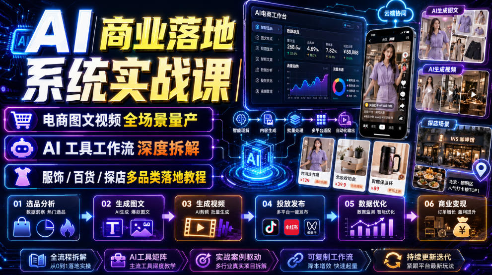AI商业落地系统实战课｜电商图文视频全场景量产・AI工具工作流深度拆解・服饰/百货/探店多品类落地教程-LanTi云网创