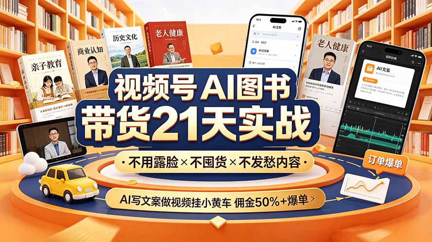 视频号AI图书带货21天实战：不用露脸×不囤货×不发愁内容，AI写文案做视频挂小黄车，佣金50%+爆单-LanTi云网创