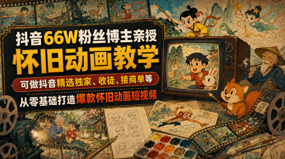 抖音66W粉丝博主亲授怀旧动画教学，可做抖音精选独家、收徒、接商单等，从零基础打造爆款怀旧动画短视频-LanTi云网创