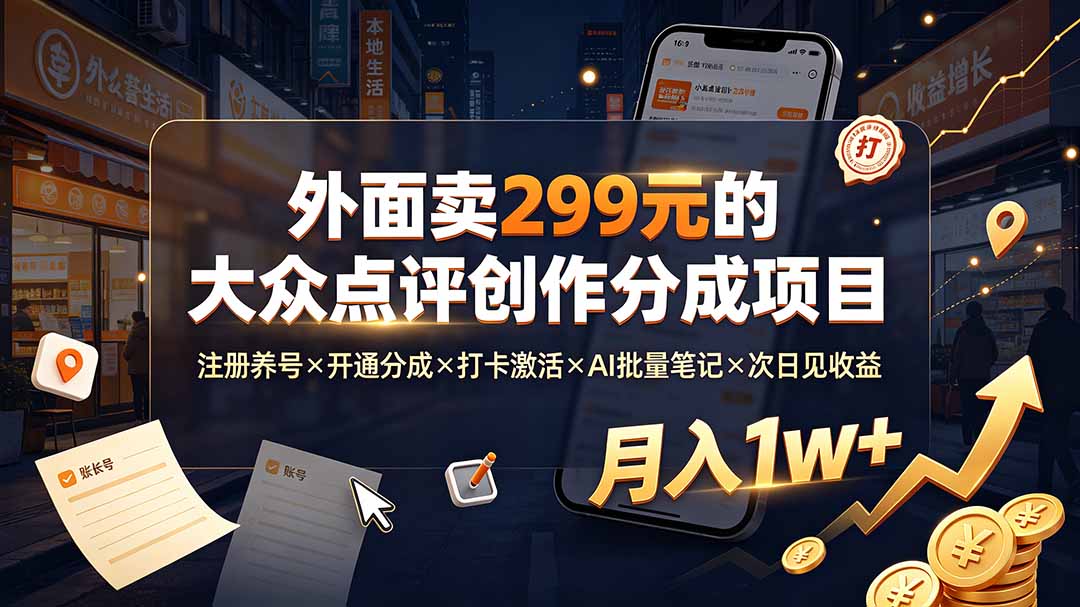 外面卖299元的大众点评创作分成项目：注册养号×开通分成×打卡激活×AI批量笔记×次日见收益，月入1w+-LanTi云网创