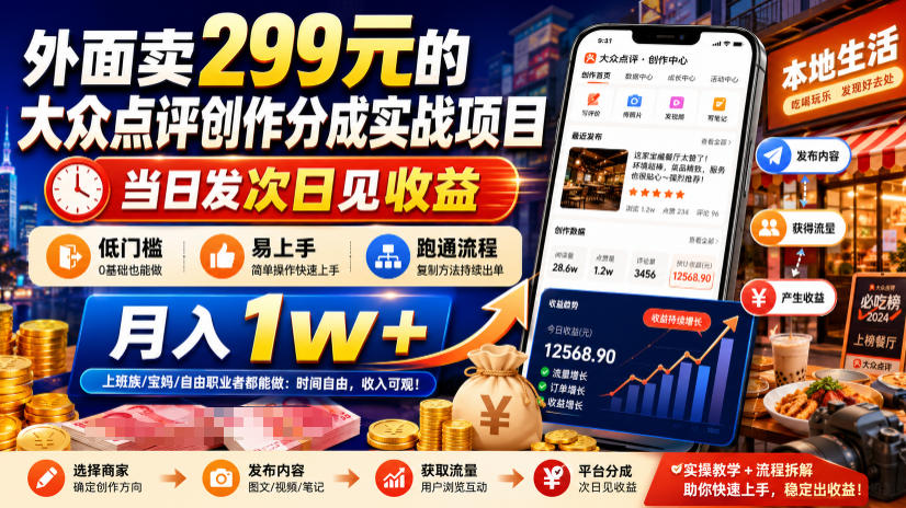外面卖299元的大众点评创作分成实战项目，当日发次日见收益，低门槛易上手，跑通流程月入1w+-LanTi云网创