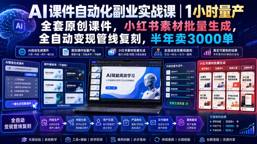 AI课件自动化副业实战课|1小时量产全套原创课件,小红书素材批量生成,全自动变现管线复刻,半年卖3000单