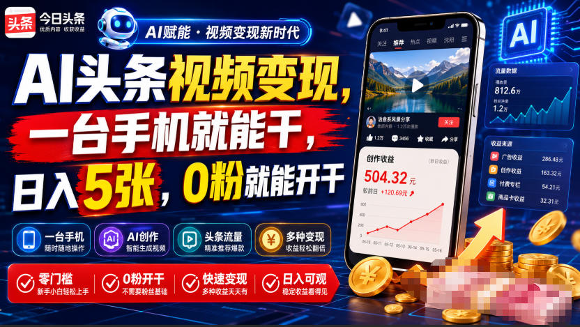 AI头条视频变现，一台手机就能干，日入5张，0粉就能开干-LanTi云网创