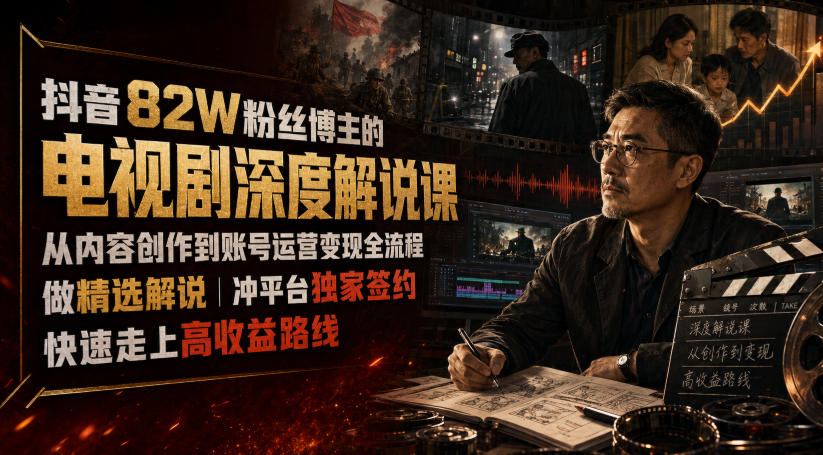 抖音82W粉丝博主的电视剧深度解说课，从内容创作到账号运营变现全流程，做精选解说，冲平台独家签约，快速走上高收益路线-LanTi云网创