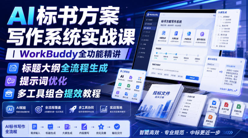 AI标书方案写作系统实战课｜WorkBuddy全功能精讲・标题大纲全流程生成・提示词优化・多工具组合提效教程-LanTi云网创