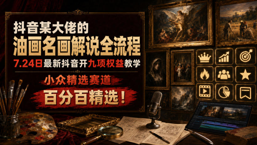 抖音某大佬的油画名画解说全流程,7.24日最新抖音开九项权益教学,小众精选赛道,百分百精选!