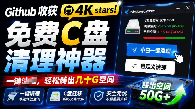 Github收获4K stars！免费C盘清理神器，轻松腾出几十G空间，支持C盘迁移Windows Cleaner-LanTi云网创