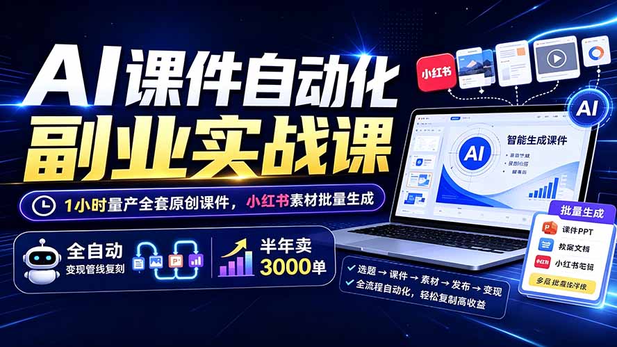 AI课件自动化副业实战课：1小时量产全套原创课件×小红书素材批量生成×全自动变现管线×半年卖3000单-LanTi云网创