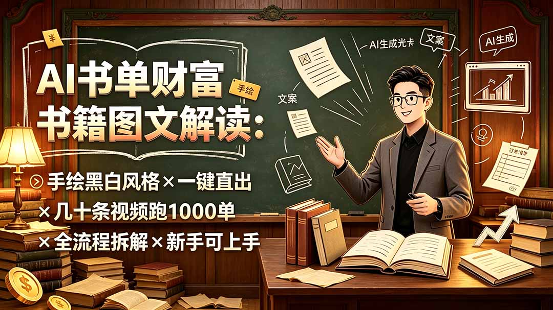 AI书单财富书籍图文解读：手绘黑白风格×一键直出×几十条视频跑1000单×全流程拆解×新手可上手-LanTi云网创