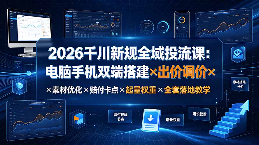 2026千川新规全域投流课：电脑手机双端搭建×出价调价×素材优化×赔付卡点×起量权重×全套落地教学-LanTi云网创