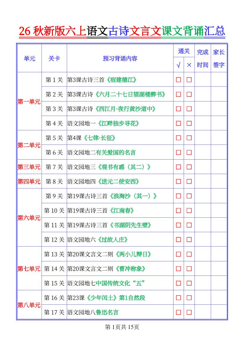 26秋新六上语文古文文言文课文背诵内容汇总-背诵版-LanTi云网创