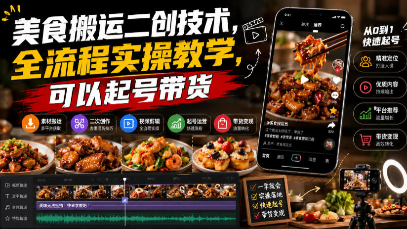 美食搬运二创技术，全流程实操教学，可以起号带货-LanTi云网创
