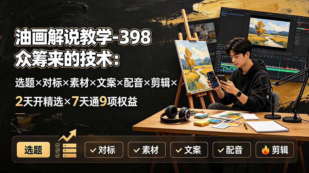 油画解说教学-398众筹来的技术：选题×对标×素材×文案×配音×剪辑×2天开精选×7天通9项权益-LanTi云网创