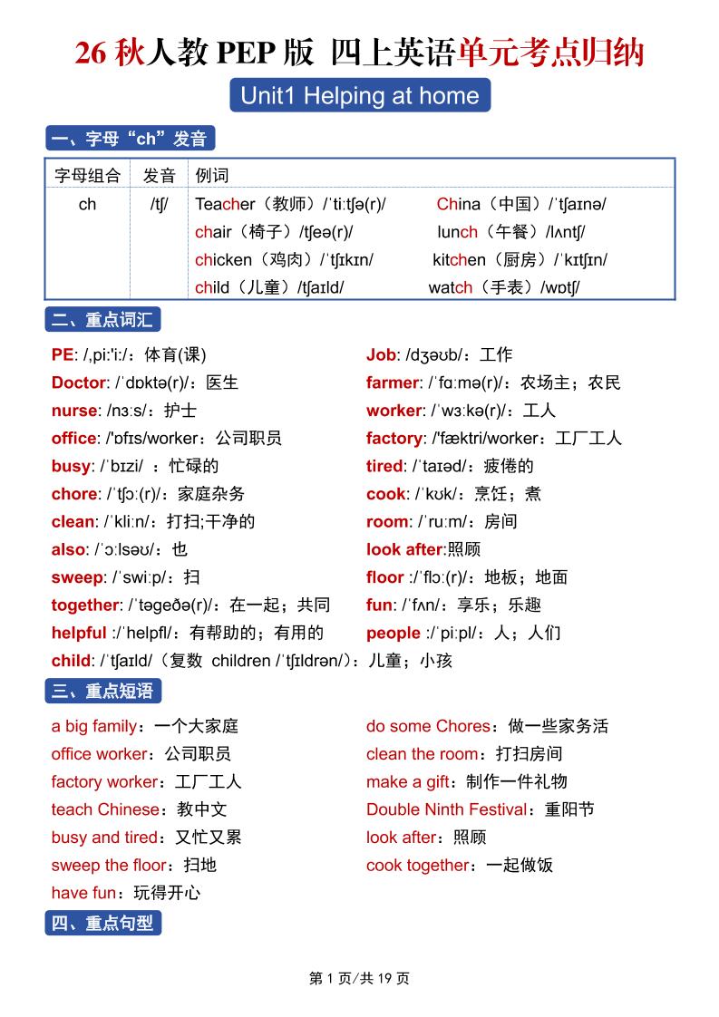 26秋人教PEP版四上英语单元考点归纳19页-LanTi云网创