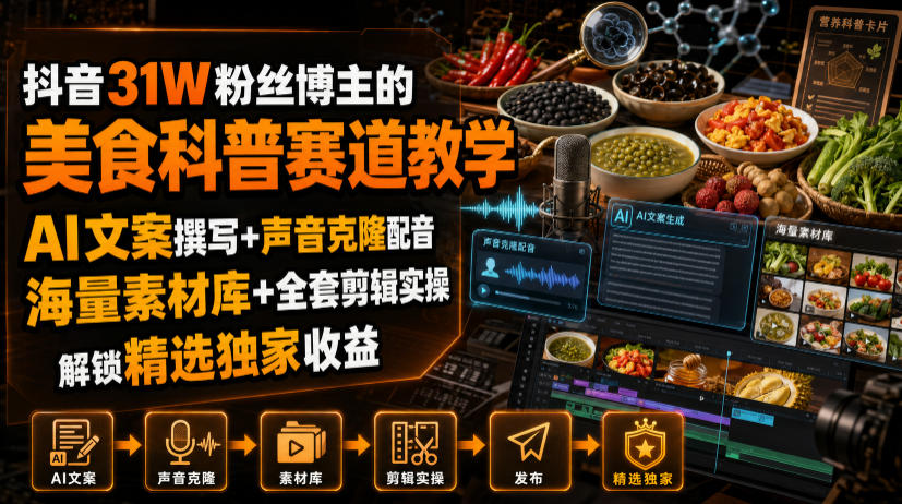 抖音31W粉丝博主的美食科普赛道教学，AI文案撰写+声音克隆配音+剪辑实操，解锁精选独家收益-LanTi云网创