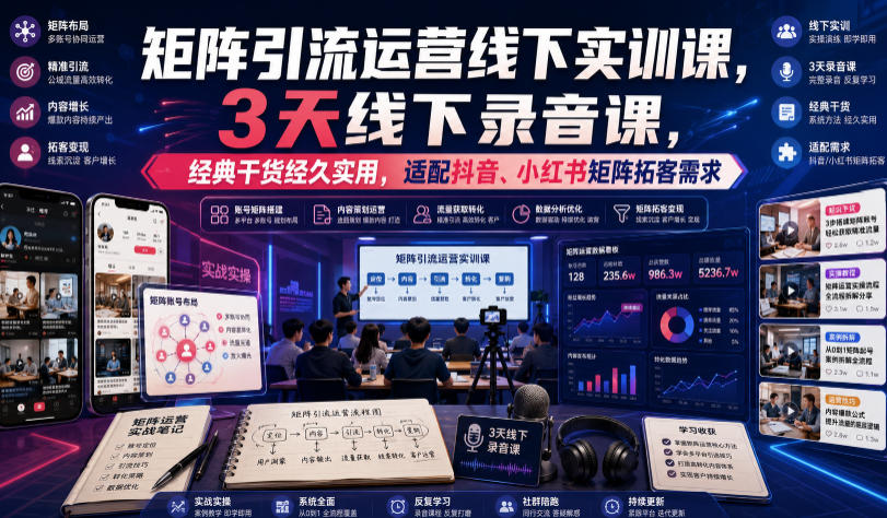 嗨推矩阵引流运营线下实训课,3天线下录音课,经典干货经久实用,适配抖音、小红书矩阵拓客需求