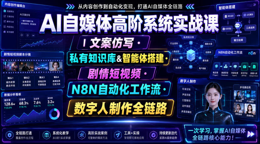 AI自媒体高阶系统实战课｜文案仿写・私有知识库&智能体搭建・剧情短视频・N8N自动化工作流・数字人制作全链路-LanTi云网创
