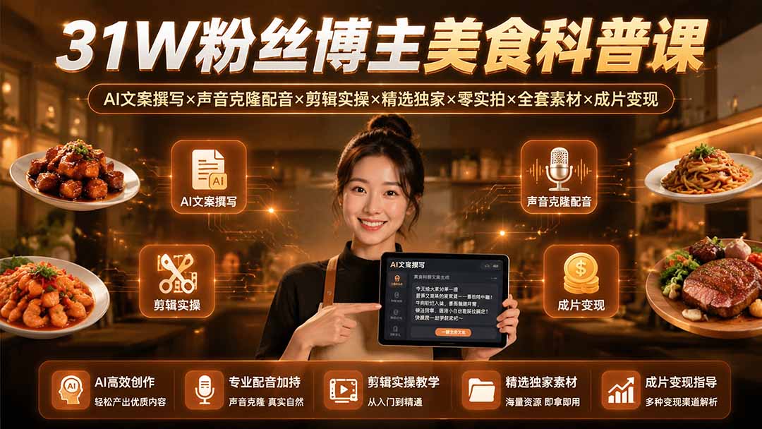 31W粉丝博主美食科普课：AI文案撰写×声音克隆配音×剪辑实操×精选独家×零实拍×全套素材×成片变现-LanTi云网创