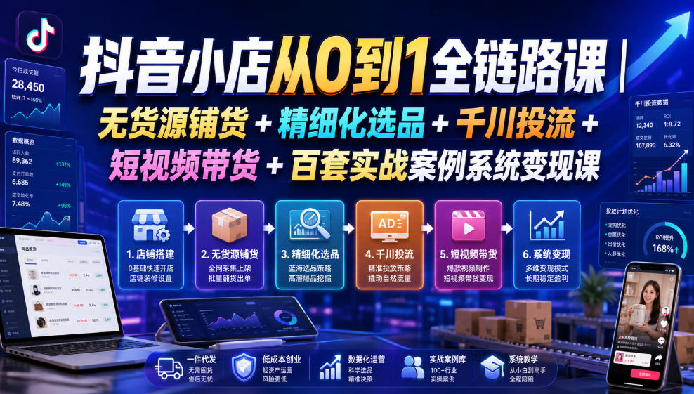 抖音小店从0到1全链路课｜无货源铺货+精细化选品+千川投流+短视频带货+百套实战案例系统变现课(2026年7月更新)-LanTi云网创